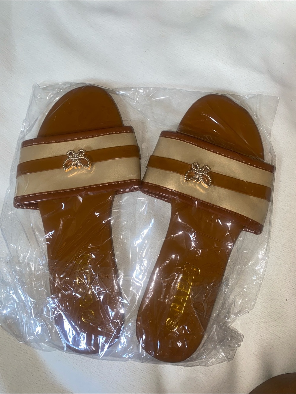 Tan and Cream Slide Sandals with Gold Bee Accent
